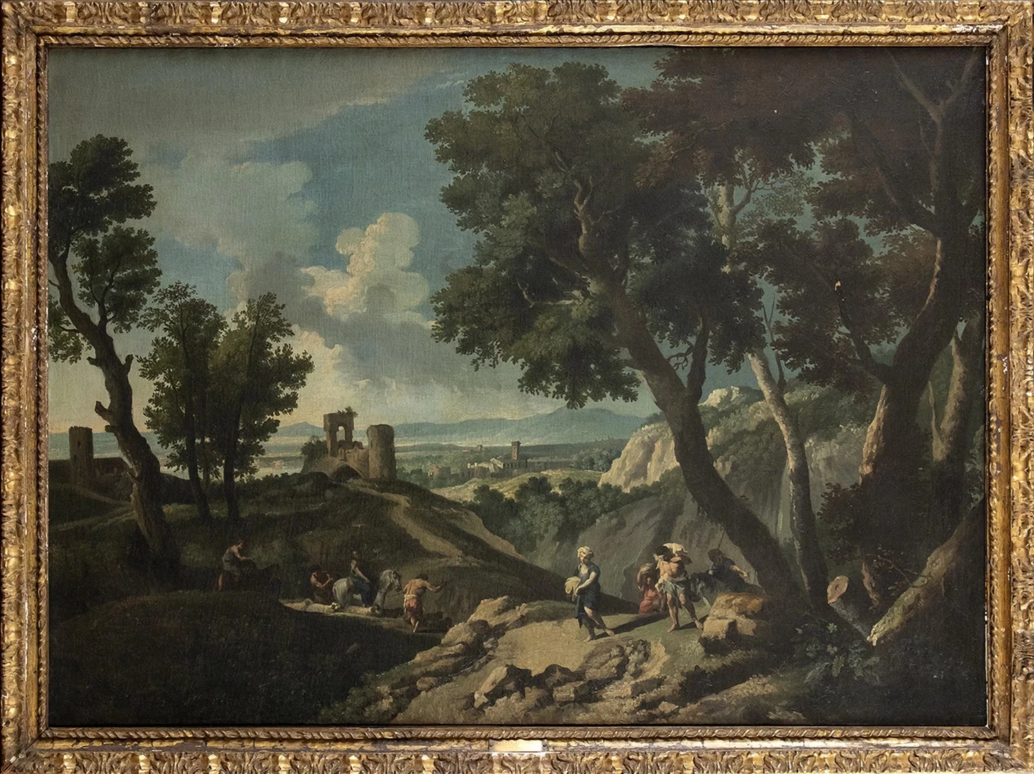 Paesaggio laziale con pastori e rovine di un castello